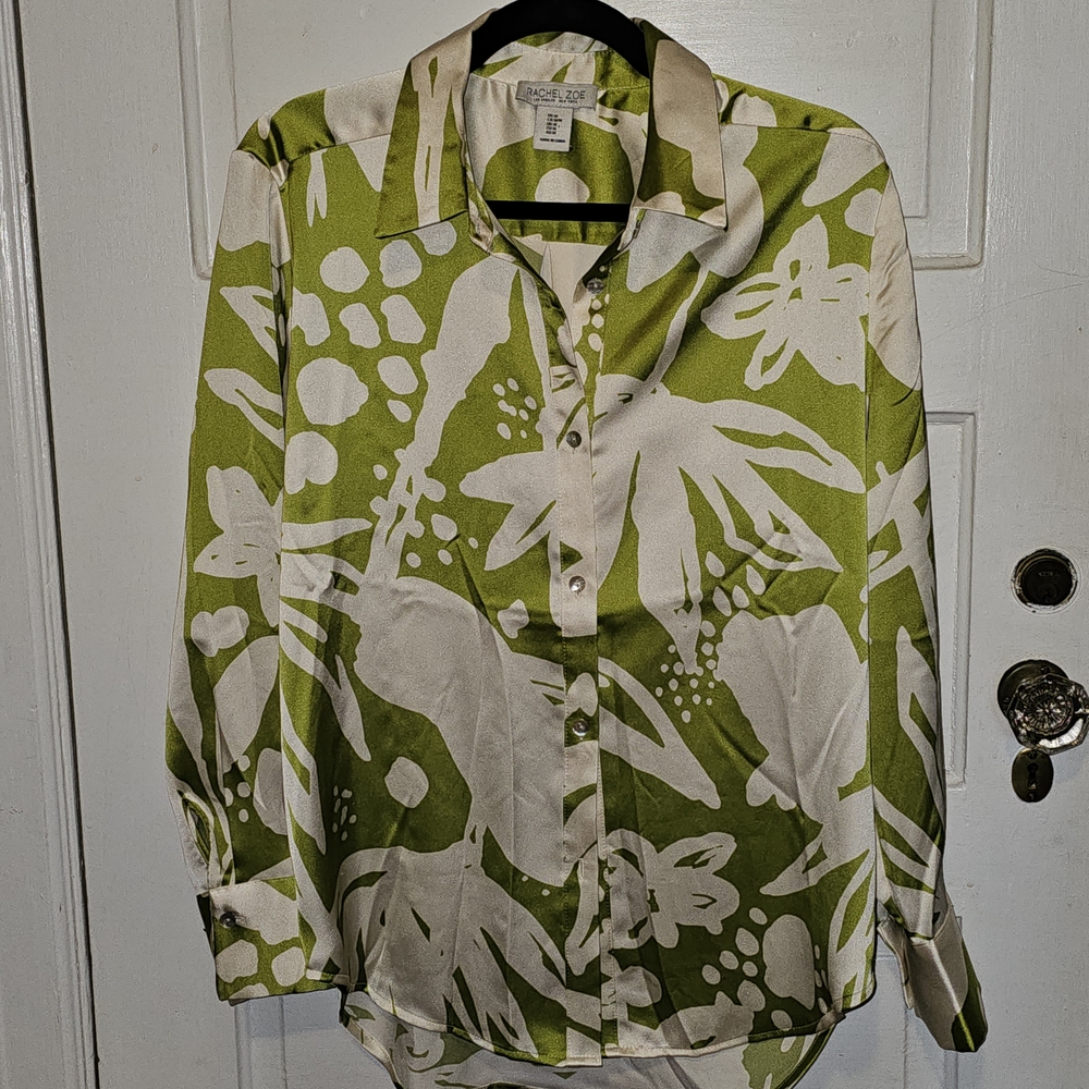 Rachel Zoe Green and White Patterned Button-Up Shirt